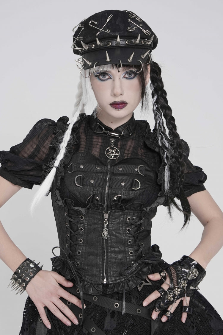 Gothic Swallow-Tail Vest for Her with Slim Zip & Lace-Up Bow