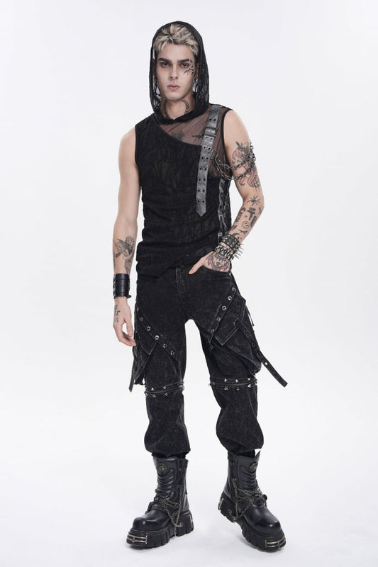 Men's Punk Hooded Vest with Sheer Asymmetric Chain-Decorated Design