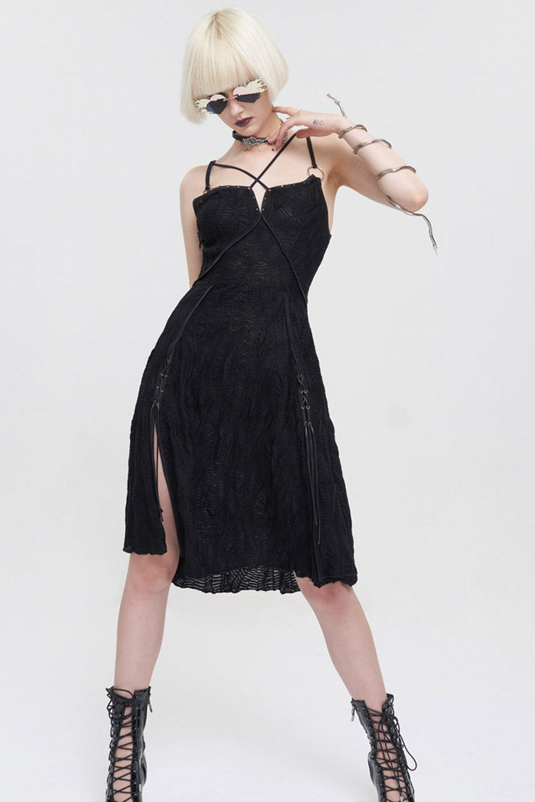 Stretch Fabric Slit-Hem Suspender Punk Dress