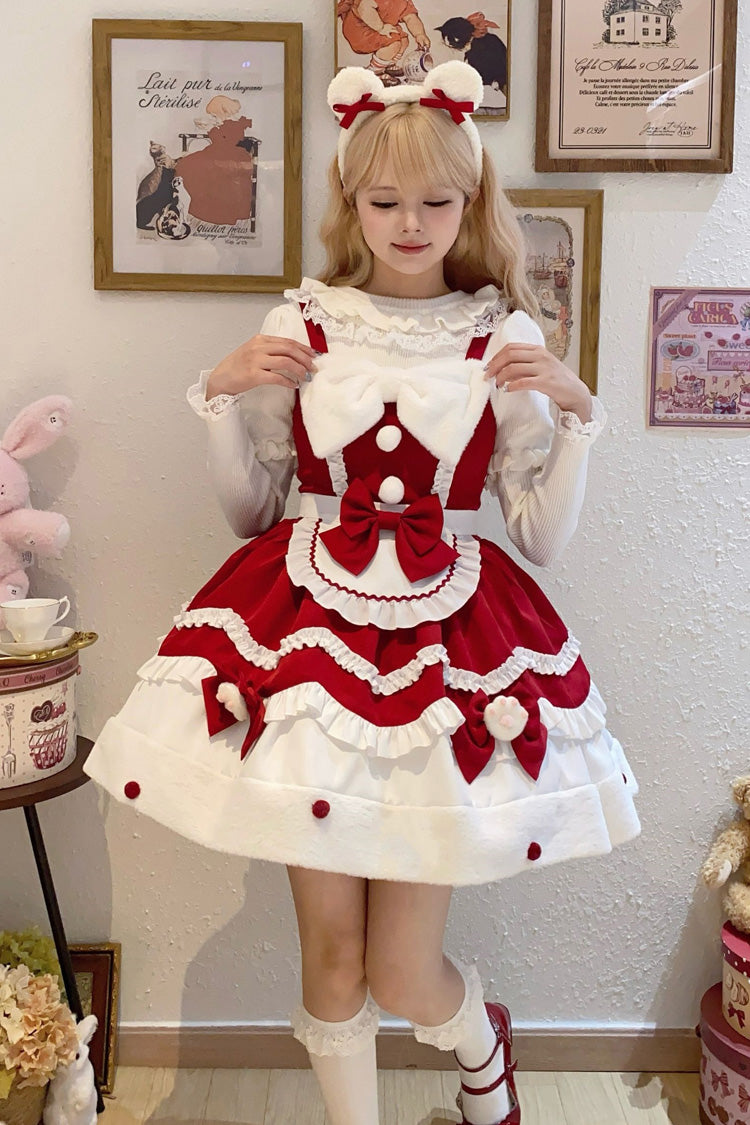 Winter Ruffle Bowknot Sweet JSK Dress in 3 Shades - Cream Snow Cat