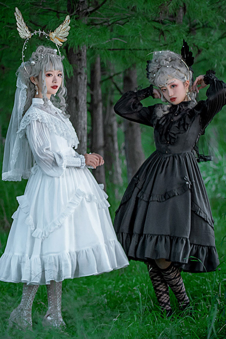 Gothic Lolita Dress with Hollow V Neck Long Sleeves Bowknot Hanayome Ruffled Design