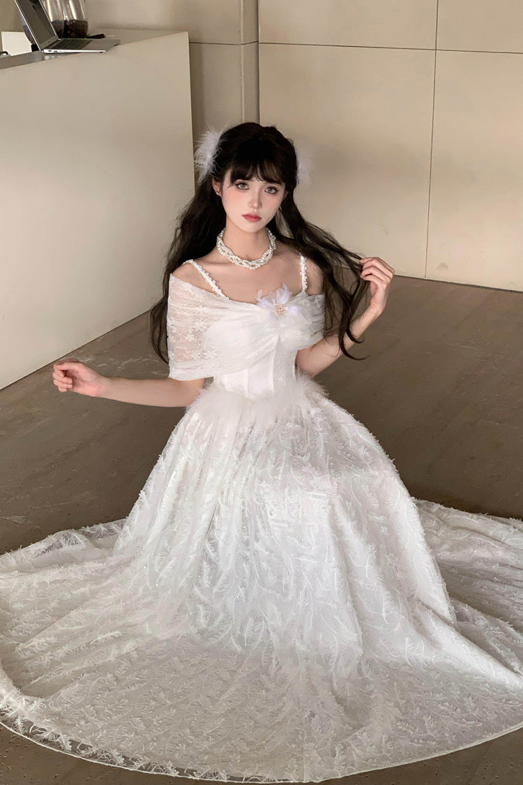 White Off Shoulder Jacquard Embroidered Bow Gothic Lolita Jsk Dress - Moonlight