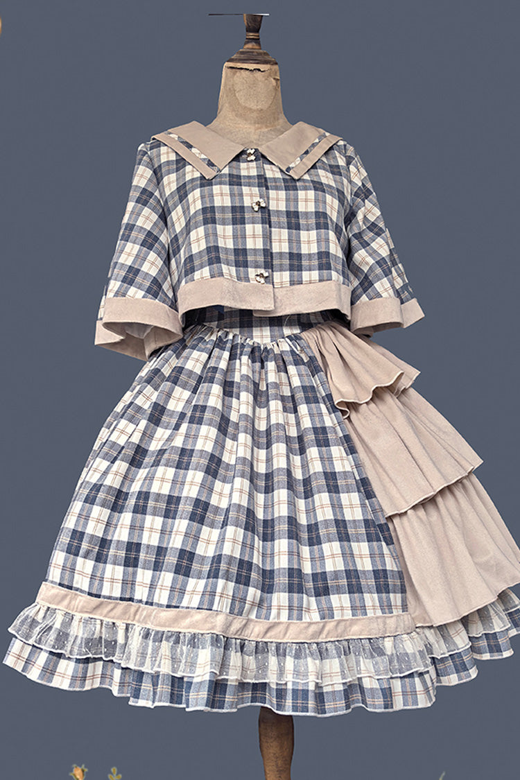 Sweet Lolita Strap Dress with Asymmetric Ruffle, High Waist, Grey/Blue Morning Tune