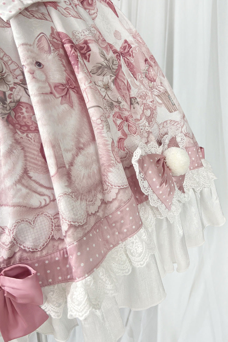 Pink Princess Dessert Cat Print Bow Lace Lolita Dress Set