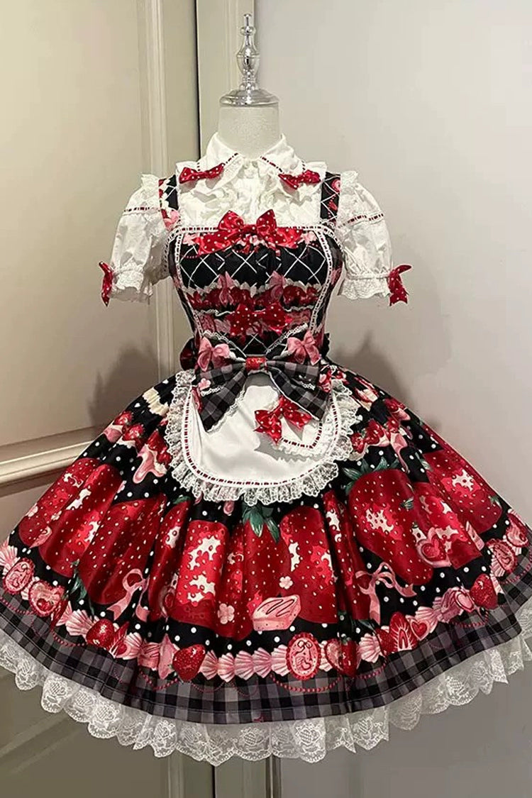 Dream to Strawberry Printed Ruffle Bow Lace Sweet Lolita JSK Dress in Four Shades