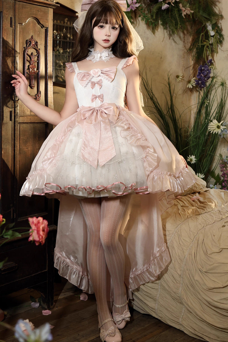 Sleeveless Ruffled Open-Front Bow Lace Sweet Lolita Jsk Dress Set - Star Weaving Dream Language