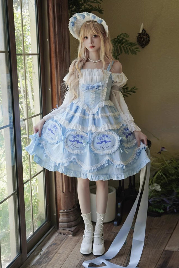 Blue Butterfly Dream Print Ruffled Bowknot Sweet Princess Lolita JSK