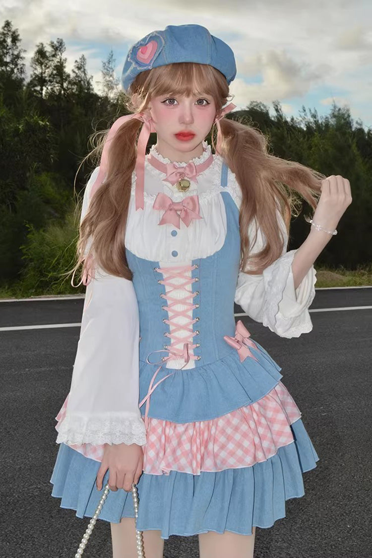 Blue Pink Rock Ballet Printed Triple-Layered Ruffled Bow Lace-Up Sweet Jsk Dress