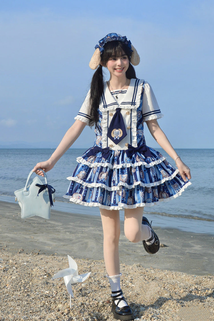 Blue Glory of the Dog Navy Collar Short Sleeves Low Waisted Triple-Layered Printed Ruffled Bow Sweet Dress