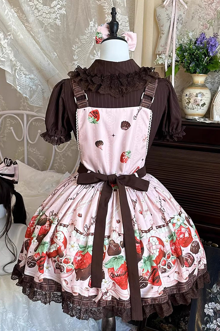 Rose Sleeveless Embroidered Bow Lace Lolita Strap Dress - Strawberry Chocolate Lover