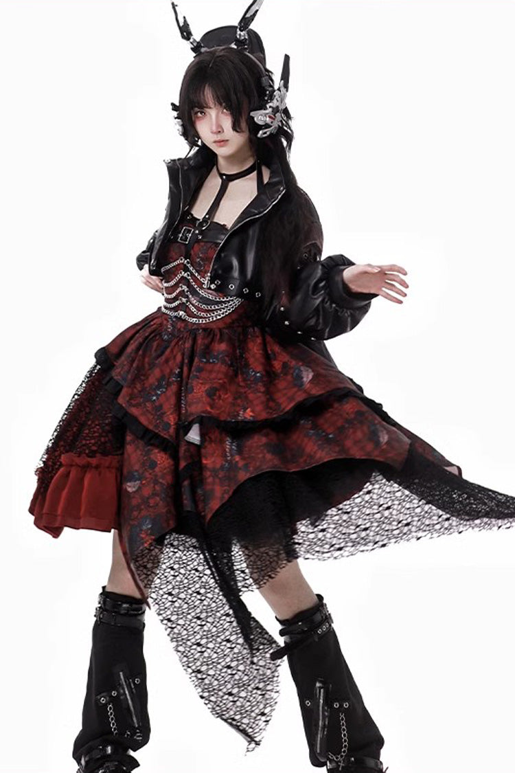 Crimson Bloody Strawberry Tears Print Sleeveless Frill Bow Lace Asymmetrical Gothic Lolita JSK