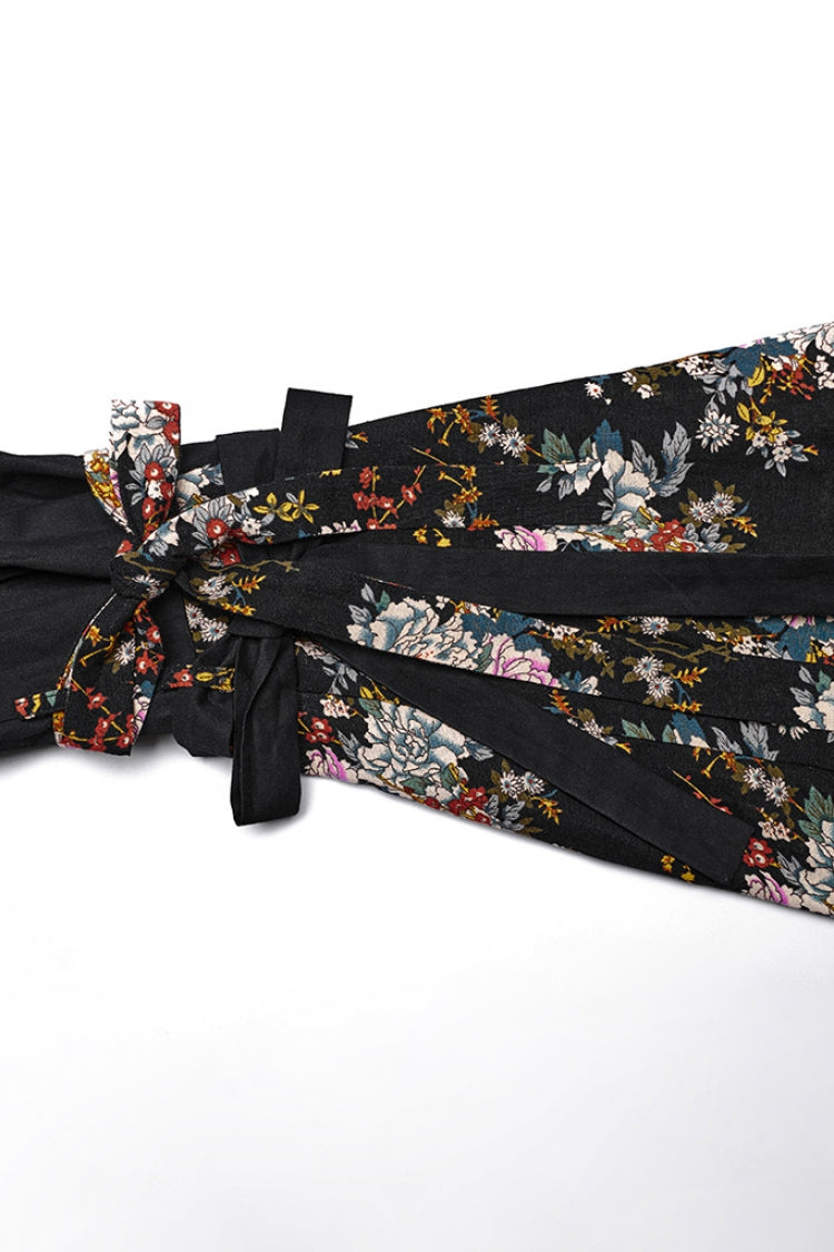 Charcoal Long Sleeve Floral Print Ruffle Gothic Kimono Dress Set