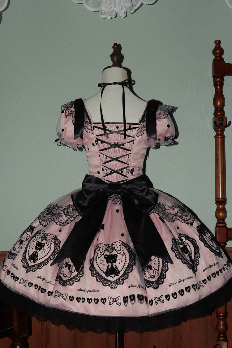 Blush Square Collar Embroidered Bow Lolita Dress with Train - Sugar Bear