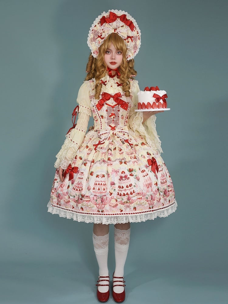 Yellow Strawberry Bow Print Accents Lolita / JSK Desserts Sweet and Set Full