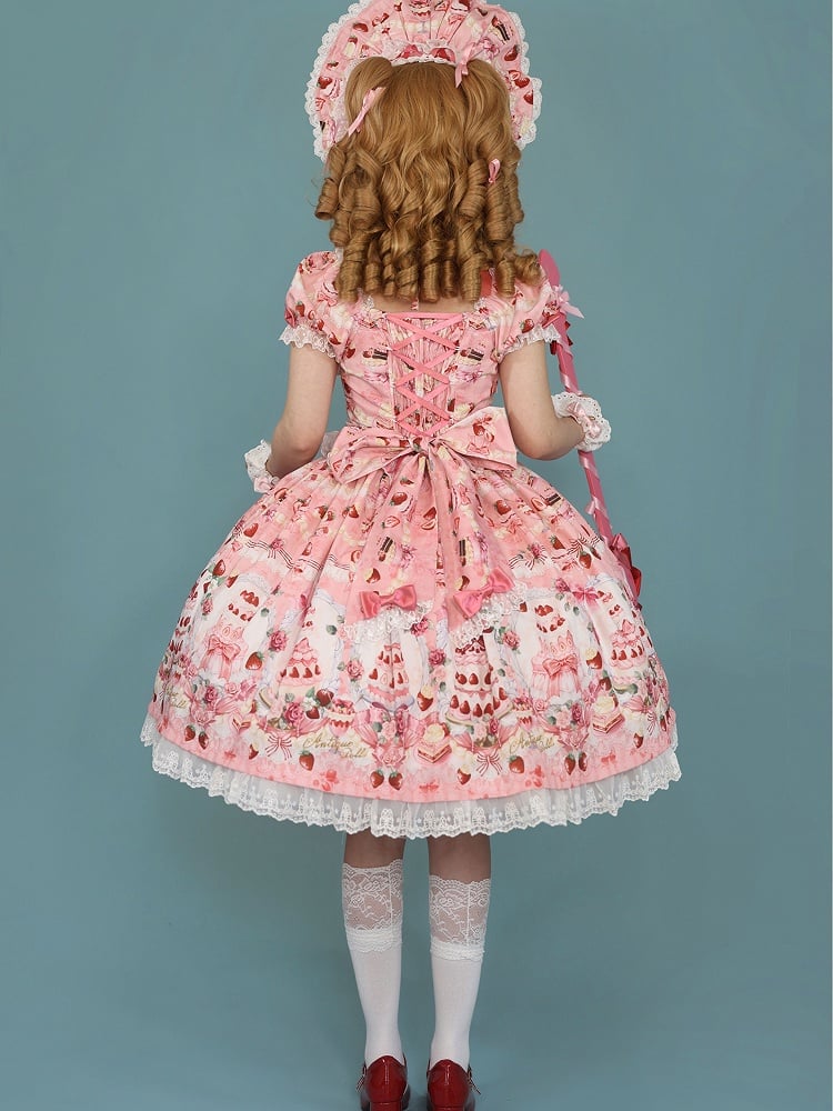 Print Strawberry Pink Sweet Accents Bow Set Full Dress Cake Lolita /