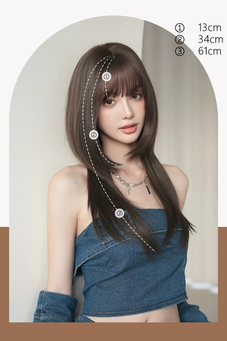 Hime Cut Long Straight Lolita Wig - High Layers Cool Brown