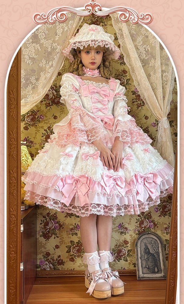 Detachable Dress High Pink Waist White Bow Sleeves with Princess Lolita Sweet Accents