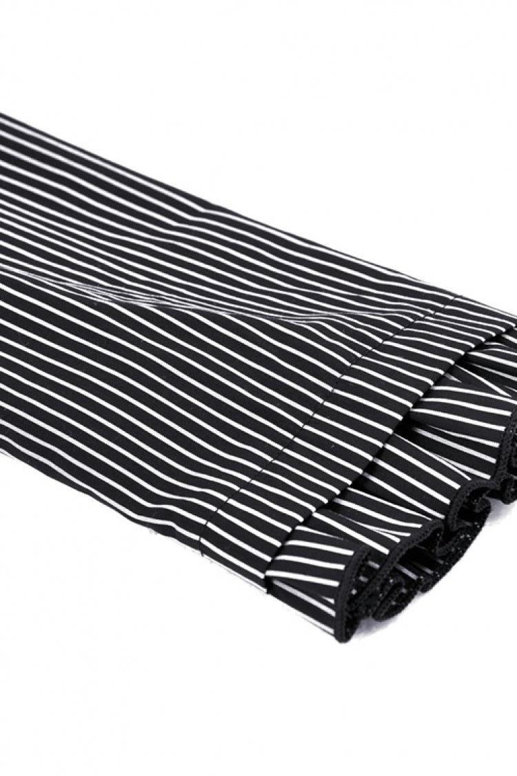 Black/White Notch Collar Puff Sleeve Gothic Striped Preppy Dress