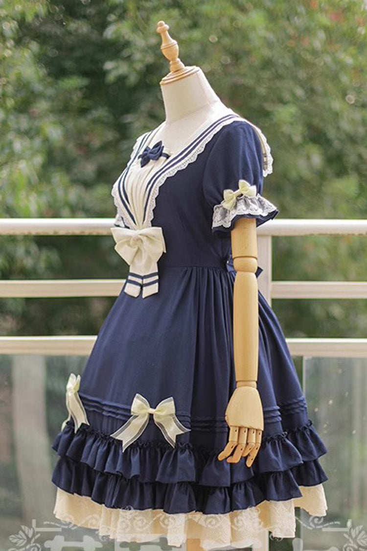 Rhine River Navy Style Short-Sleeved Bowknot Sweet Dress