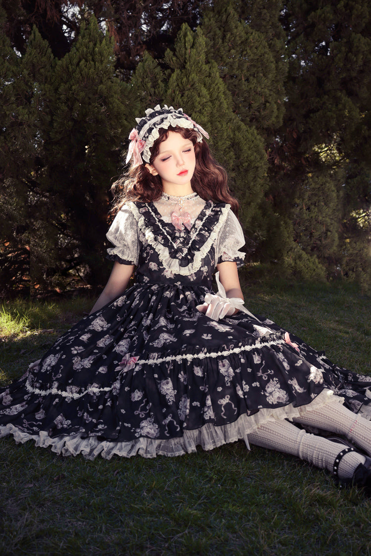 Daydream Rose Floral Jacquard Print Ruffle Embroidered Bow Sweet Lolita Dress in Three Shades