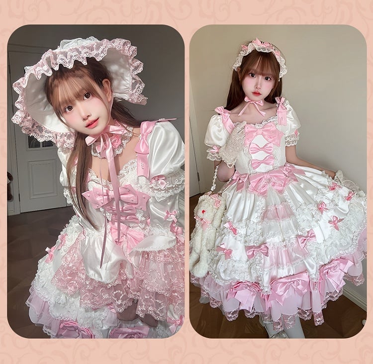 Detachable Dress High Pink Waist White Bow Sleeves with Princess Lolita Sweet Accents