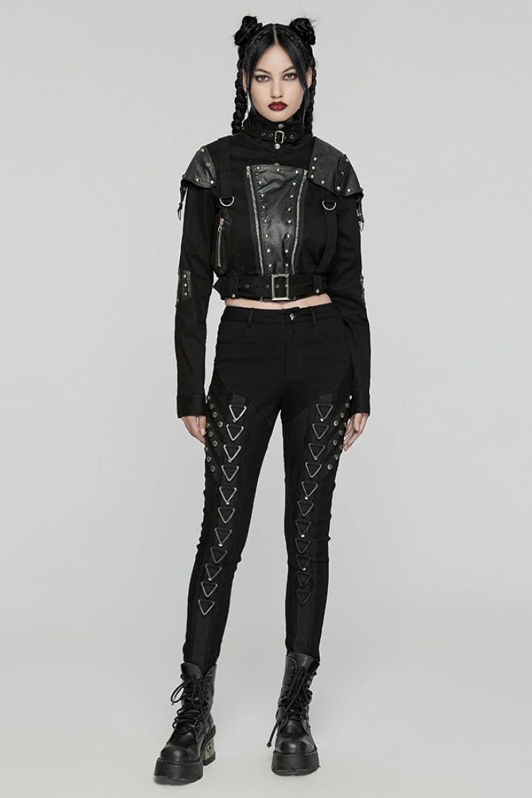 Punk Pants with Triangular Mesh and Buckle