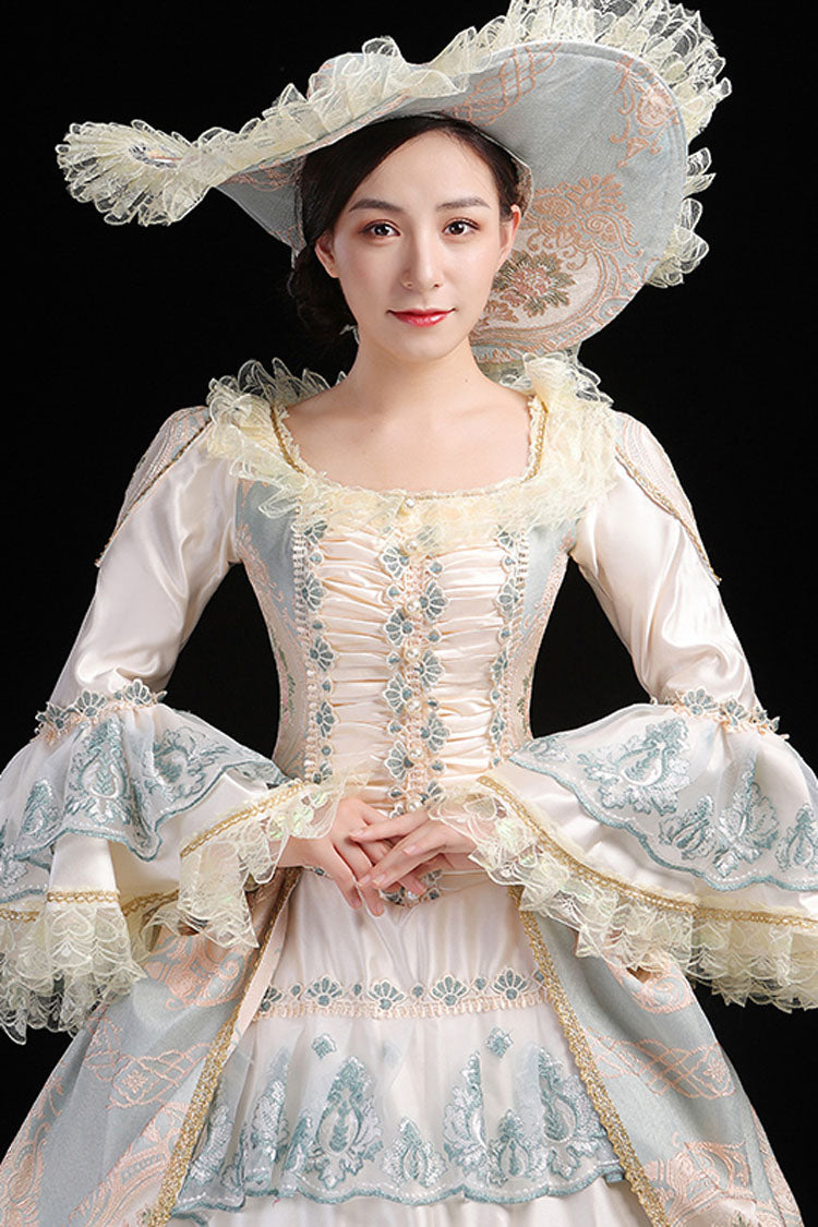 Blue and Champagne Trumpet Sleeve Victorian Gown - Hollow Embroidery