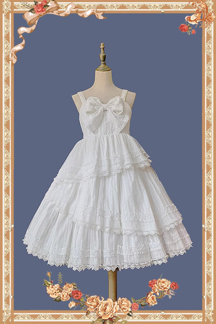 White Sweet Lolita Dress with Tower of Dawn Bowknot and Ruffled Sleeveless
