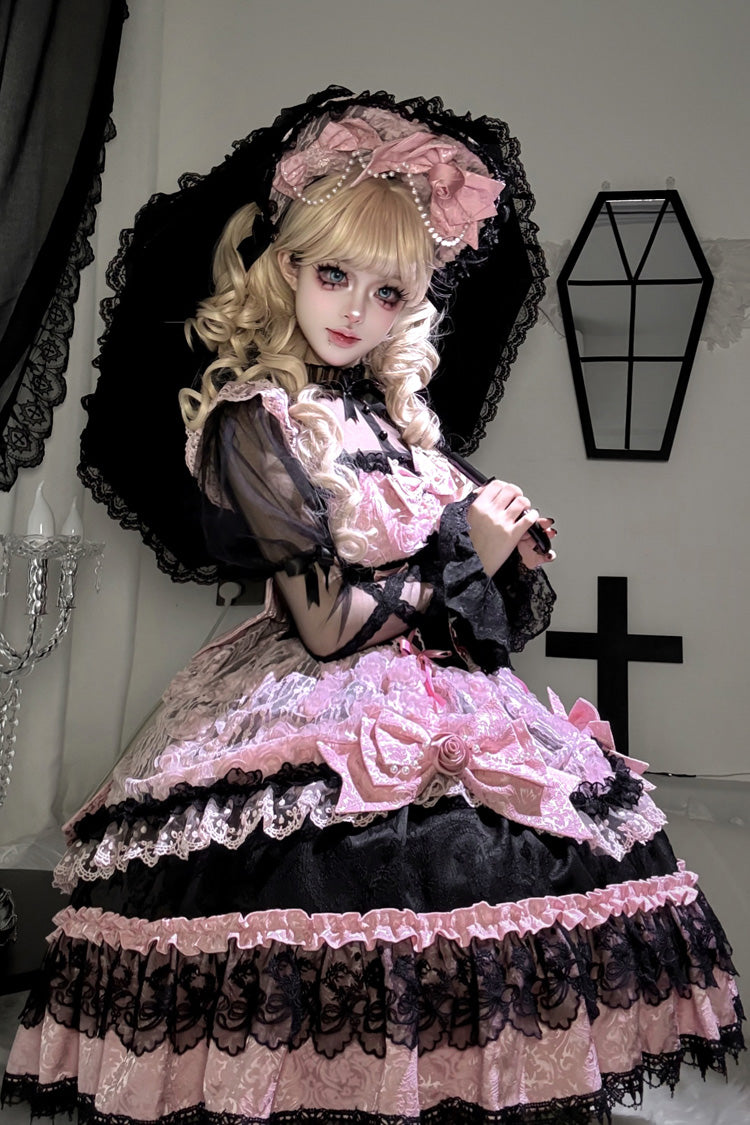 Ebony Rose Sleeveless Ruffle Bow Lace Corset Ballet Jumper Dress - Rose Princess