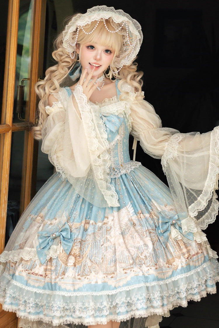 Unicorn Print Sleeveless Multi-Layer Embroidery Bow Lace Sweet Lolita Jumper Gown