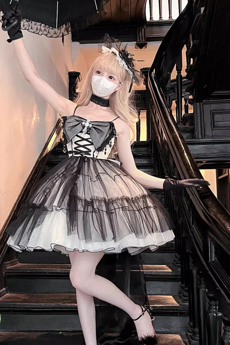 Monochrome Gothic Plus-Size JSK with Lace-Up Front and Hanayome Ruffles - Short