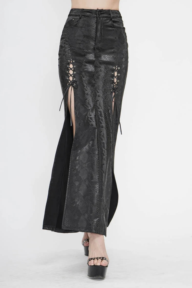 Leather-Like Side Slit Skirt with Lace-Up Rivets - Black Punk Long