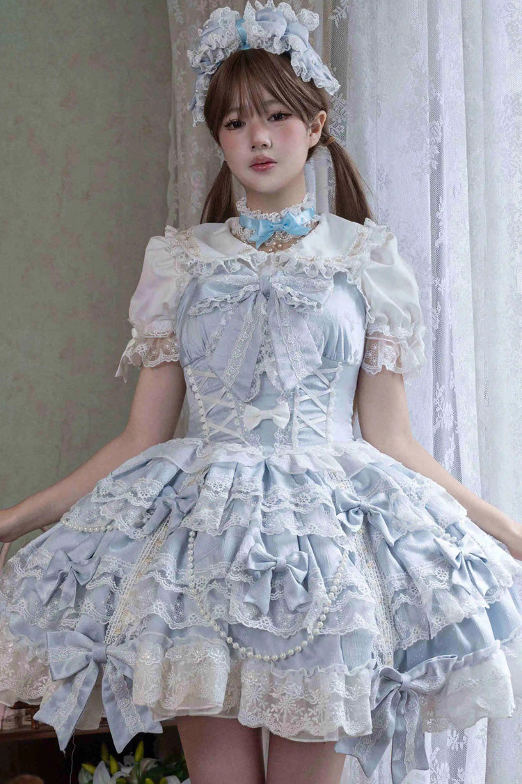 Small Cakes Sleeveless Multi-Layered Ruffled Bow Lace Sweet Lolita JSK Dress - Blue