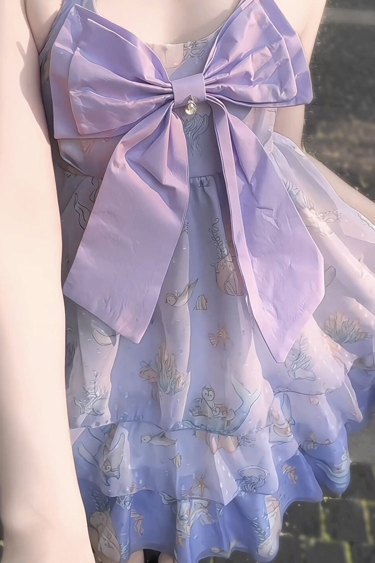 Ocean Sweetheart Halterneck Sleeveless Triple-Layered Printed Ruffled Bow Lace Sweet Strap Dress