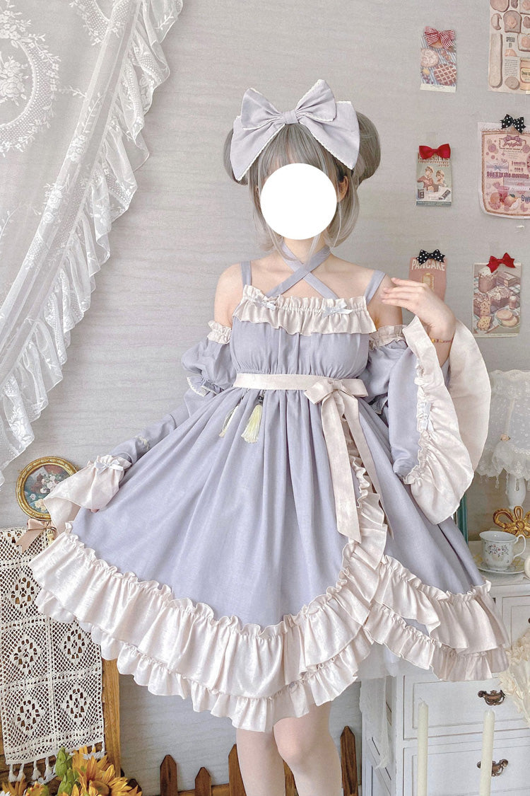 Sweet Lolita JSK Dress with Asymmetric Ruffle, High Waist, Grey Monet Estate