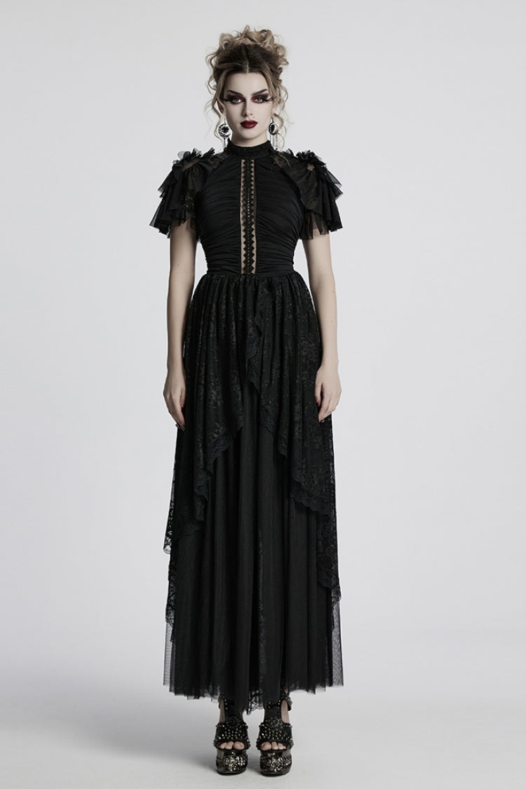 Black Short Sleeves Ruffle Stitching Lace Gothic Layered Ball Gown