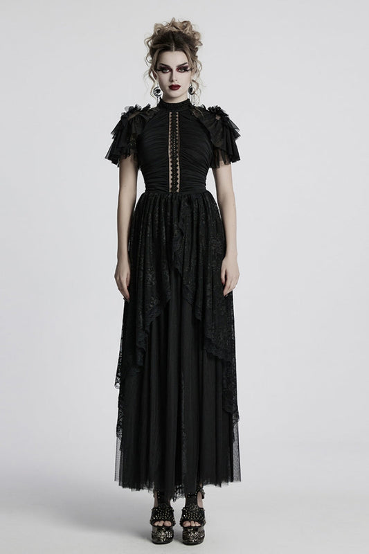 Black Short Sleeves Ruffle Stitching Lace Gothic Layered Ball Gown