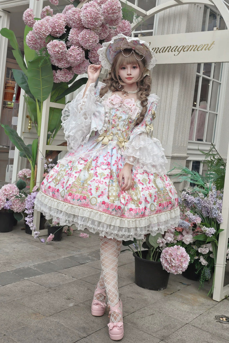 Blue/Pink [Rose Garden Prelude] Square Collar Long Trumpet Sleeves Printed Ruffled Bow Lace Lace-Up Sweet Lolita Dress