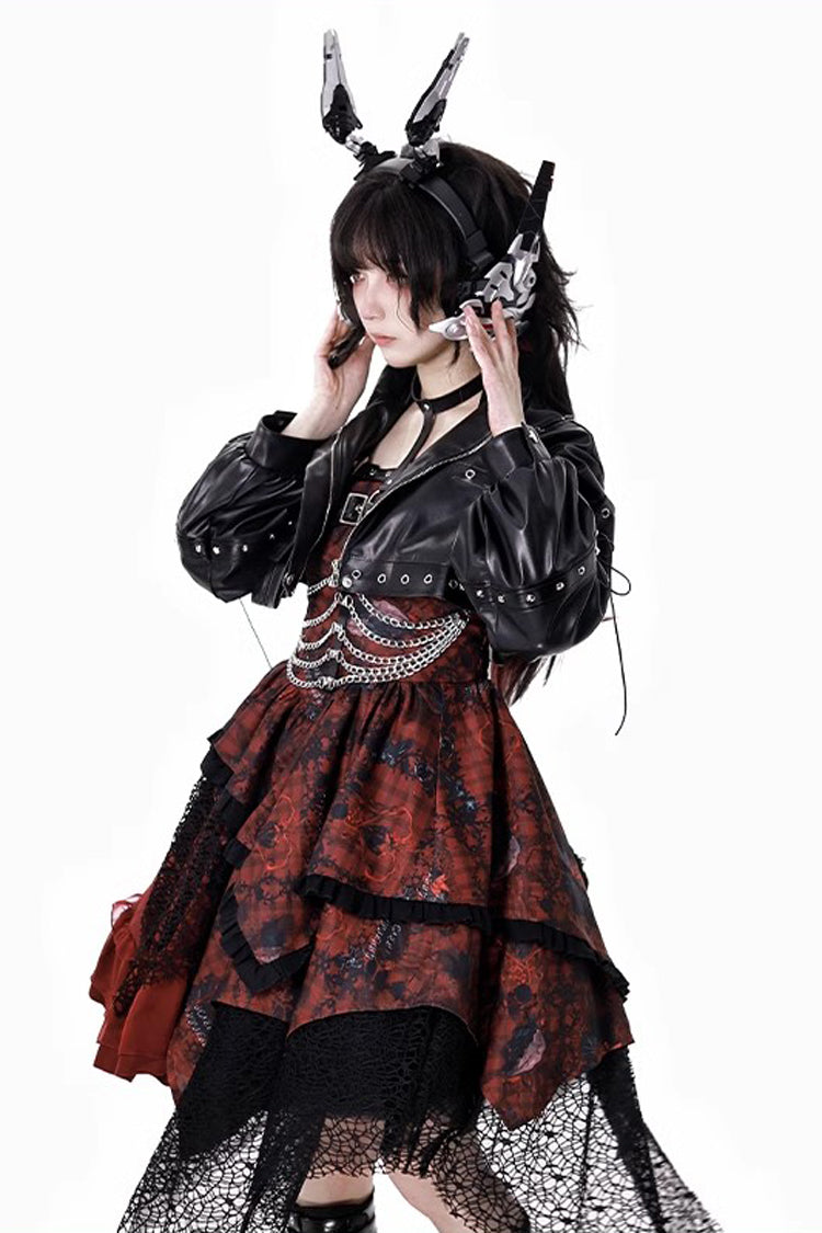 Crimson Bloody Strawberry Tears Print Sleeveless Frill Bow Lace Asymmetrical Gothic Lolita JSK