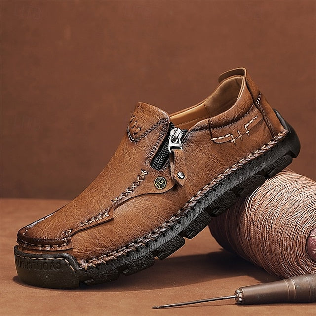 Slip-On Side Loafers Zipper with Brown Men's Faux Leather