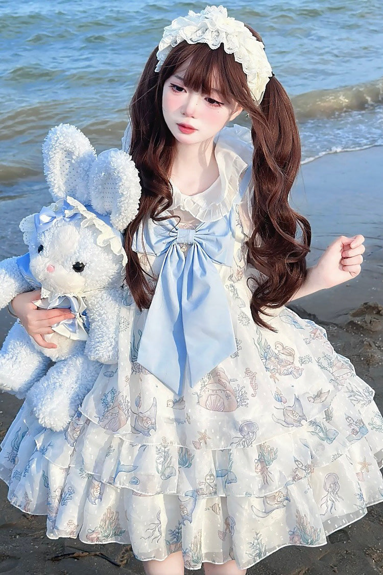 Ocean Sweetheart Halterneck Sleeveless Triple-Layered Printed Ruffled Bow Lace Sweet Strap Dress