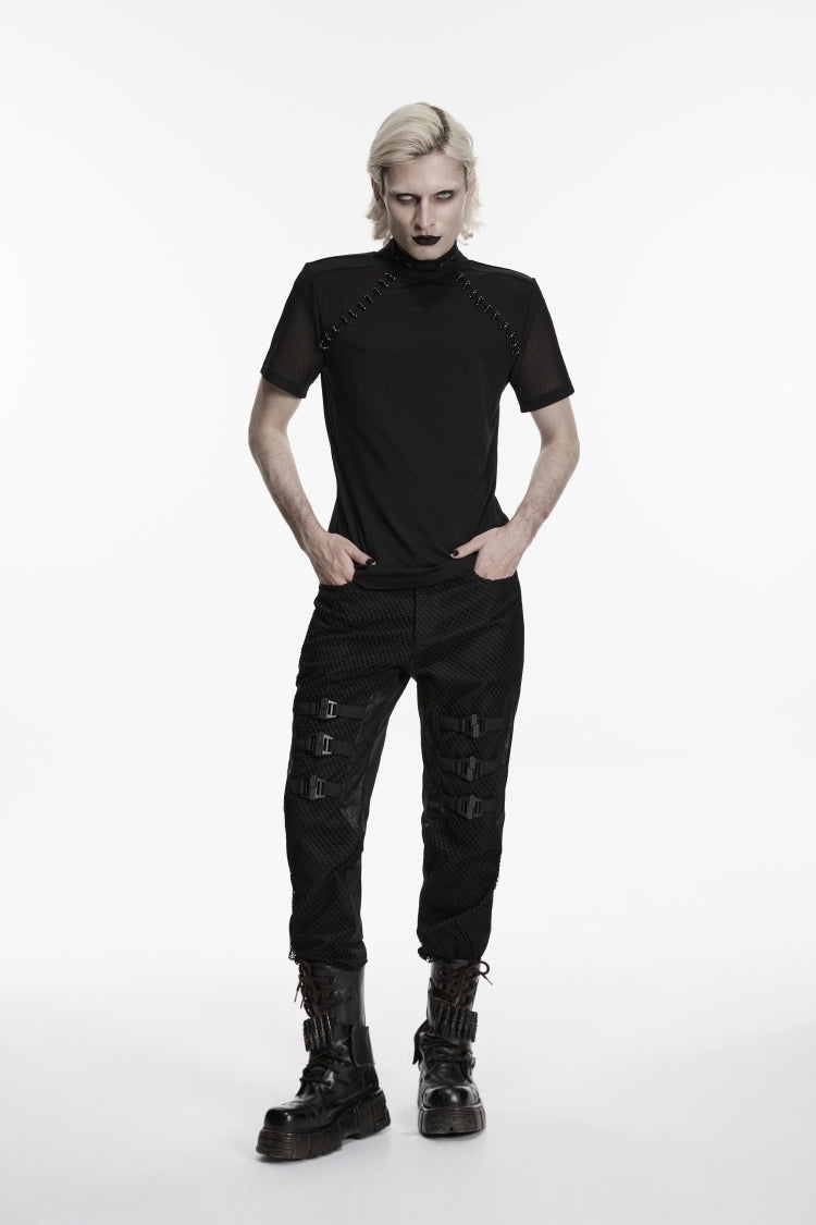 Noir Punk Pants with Buckle Straps and Mesh Detailing