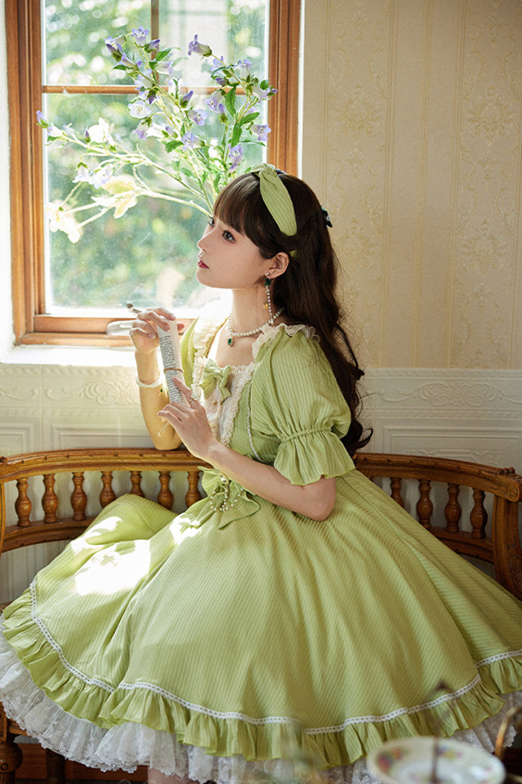 Solid Color Short-Sleeved Ruffled Bowknot Sweet OP