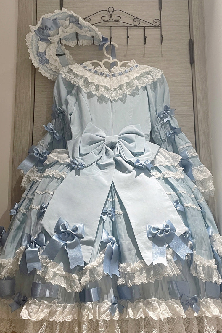 Blue Round Collar Long Trumpet Sleeve Bow Lace Elegant Princess Dress