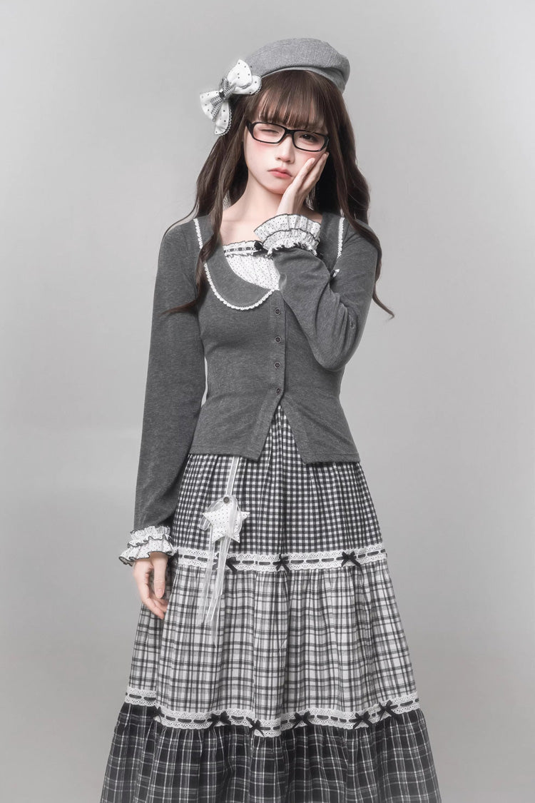 Sweet Lolita Skirt Set with Square Collar, Cut-Out Lace, Star Print, Grey