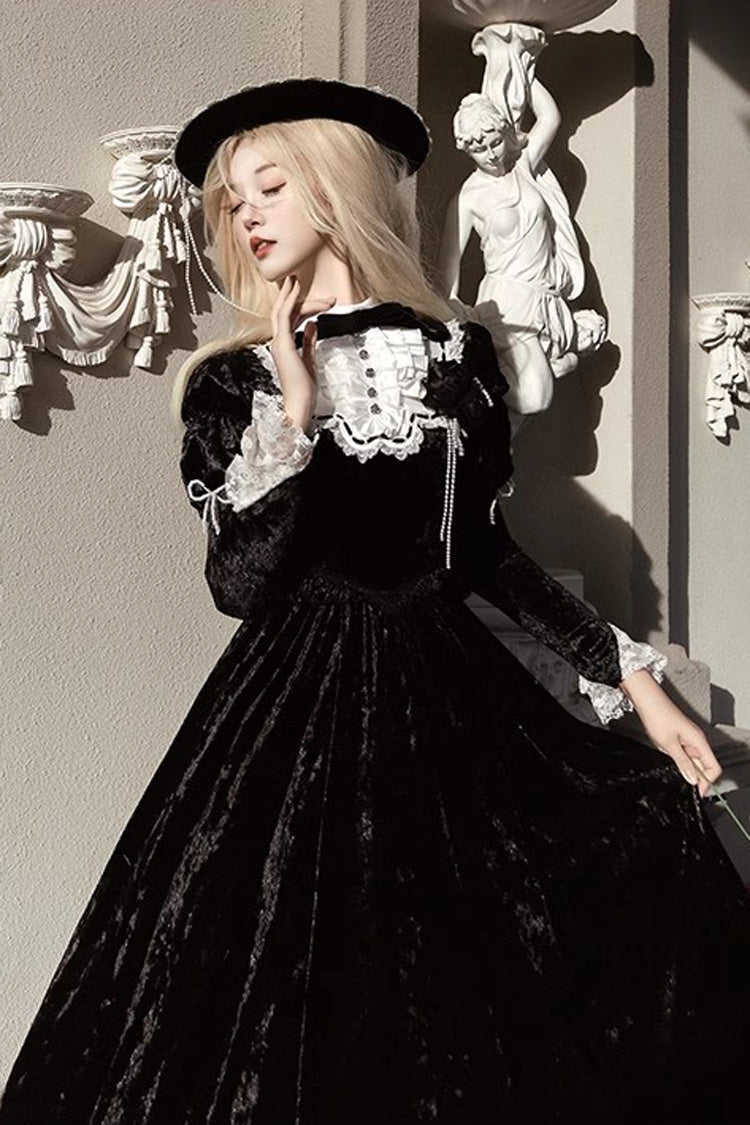 Noir Long Sleeve Ruffle Bow Lace Gothic Dress - Whispering Castle