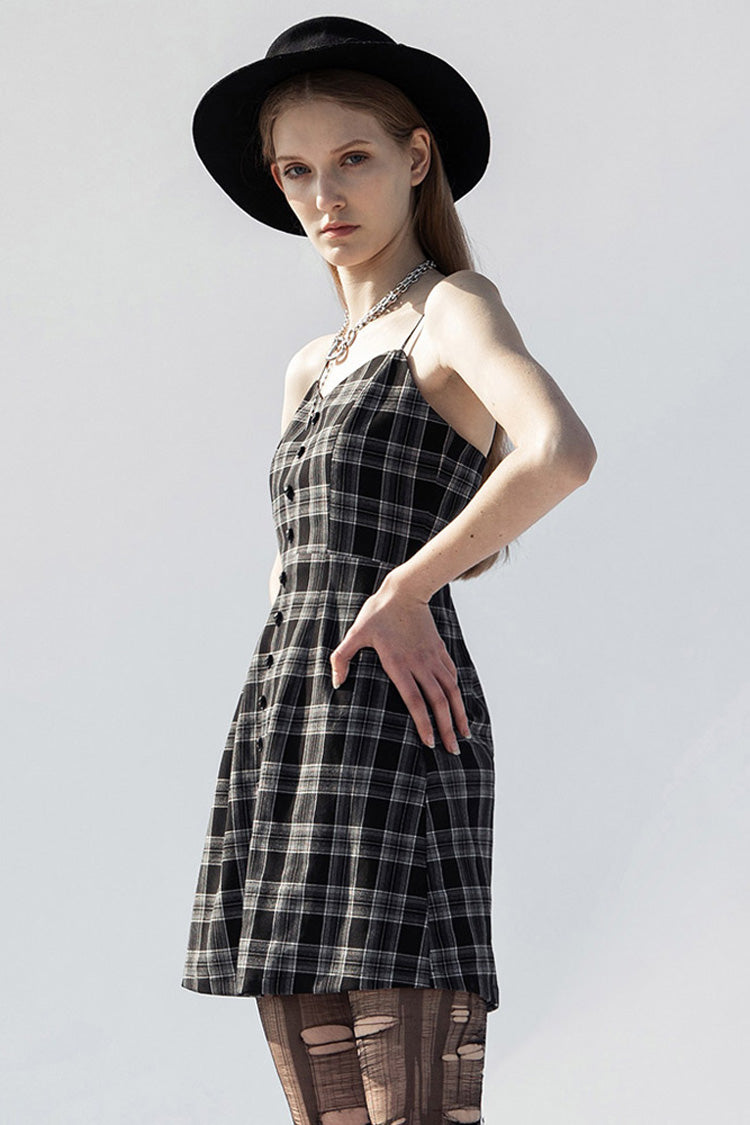 Monochrome Punk Suspender Dress with Plaid and Skull Studded Belt