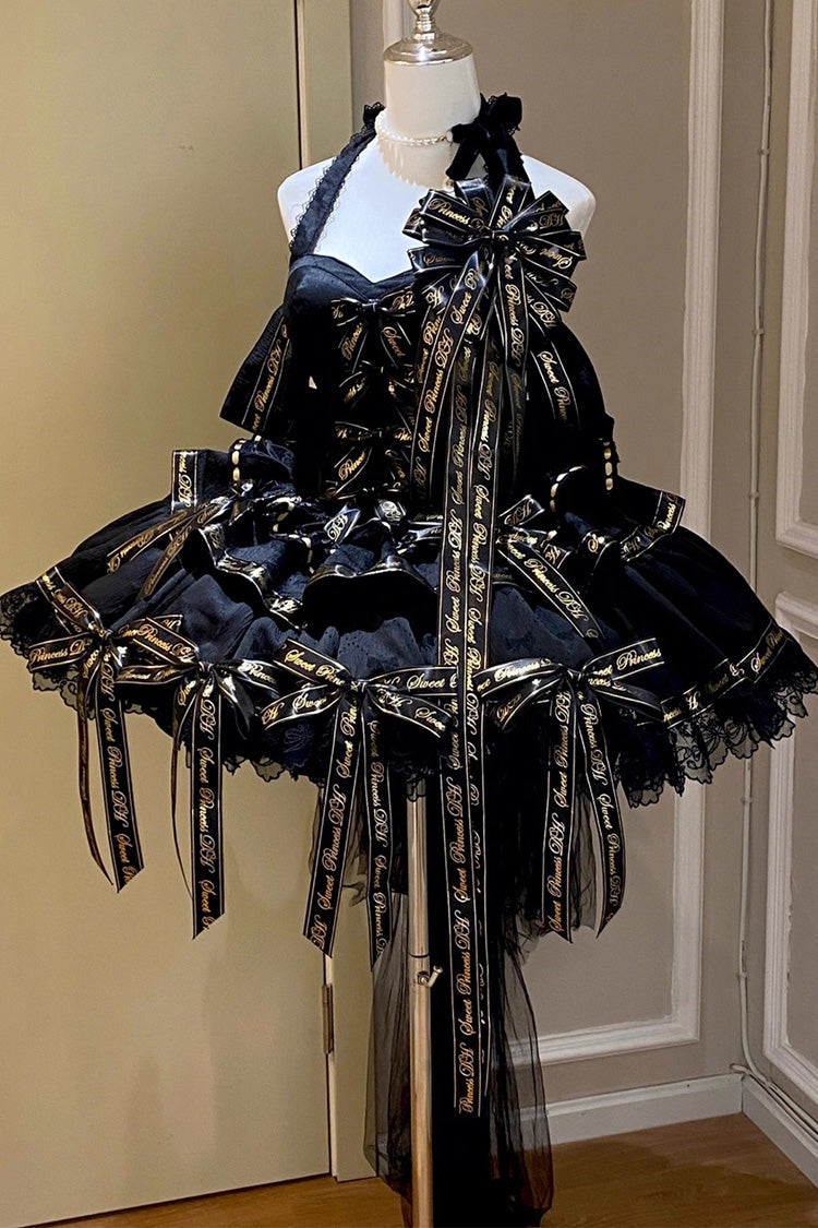 Noir Halter Neck Layered Ruffle Bow Princess Gothic Dress - Young Lady