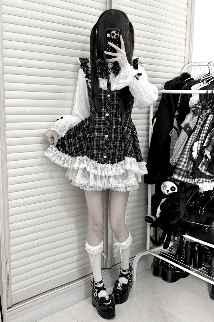 Plaid Printed Ruffled Bow Lace Sweet Jirai Kei Japanese Dress Shorts Set