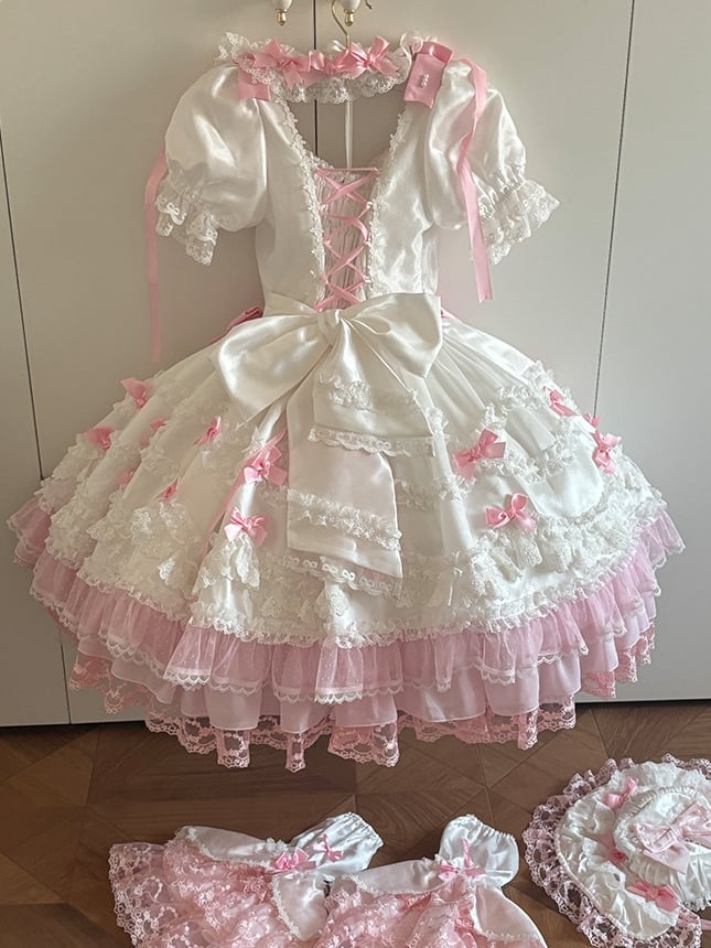 Detachable Dress High Pink Waist White Bow Sleeves with Princess Lolita Sweet Accents